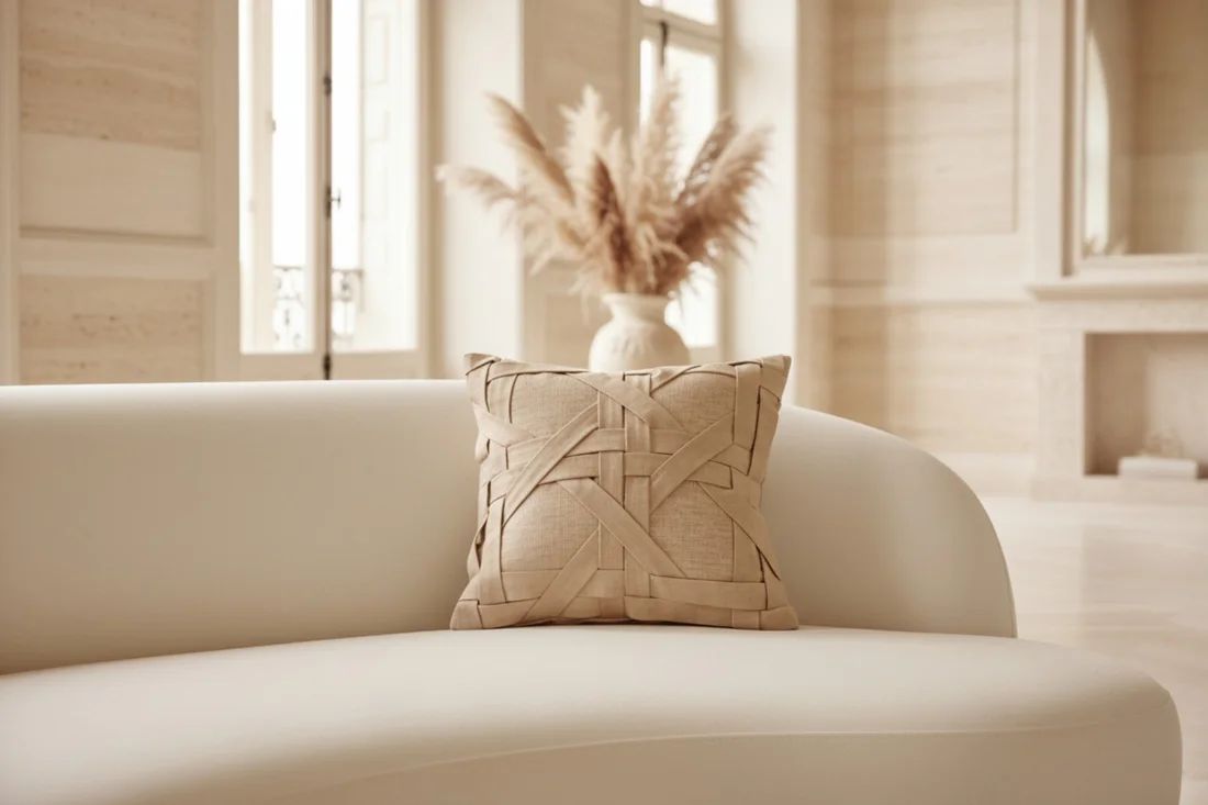 A Porcelain Sheer cushion styled in a warm neutral interior