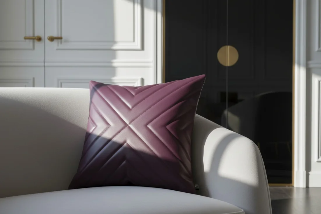 A Porcelain Sheer cushion styled in a dramatic interior setting
